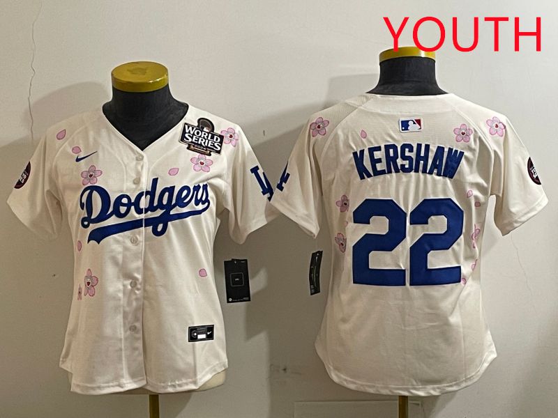 Youth Los Angeles Dodgers #22 Kershaw Cream Sakura Edition 2025 Nike MLB Jersey style 7->youth mlb jersey->Youth Jersey